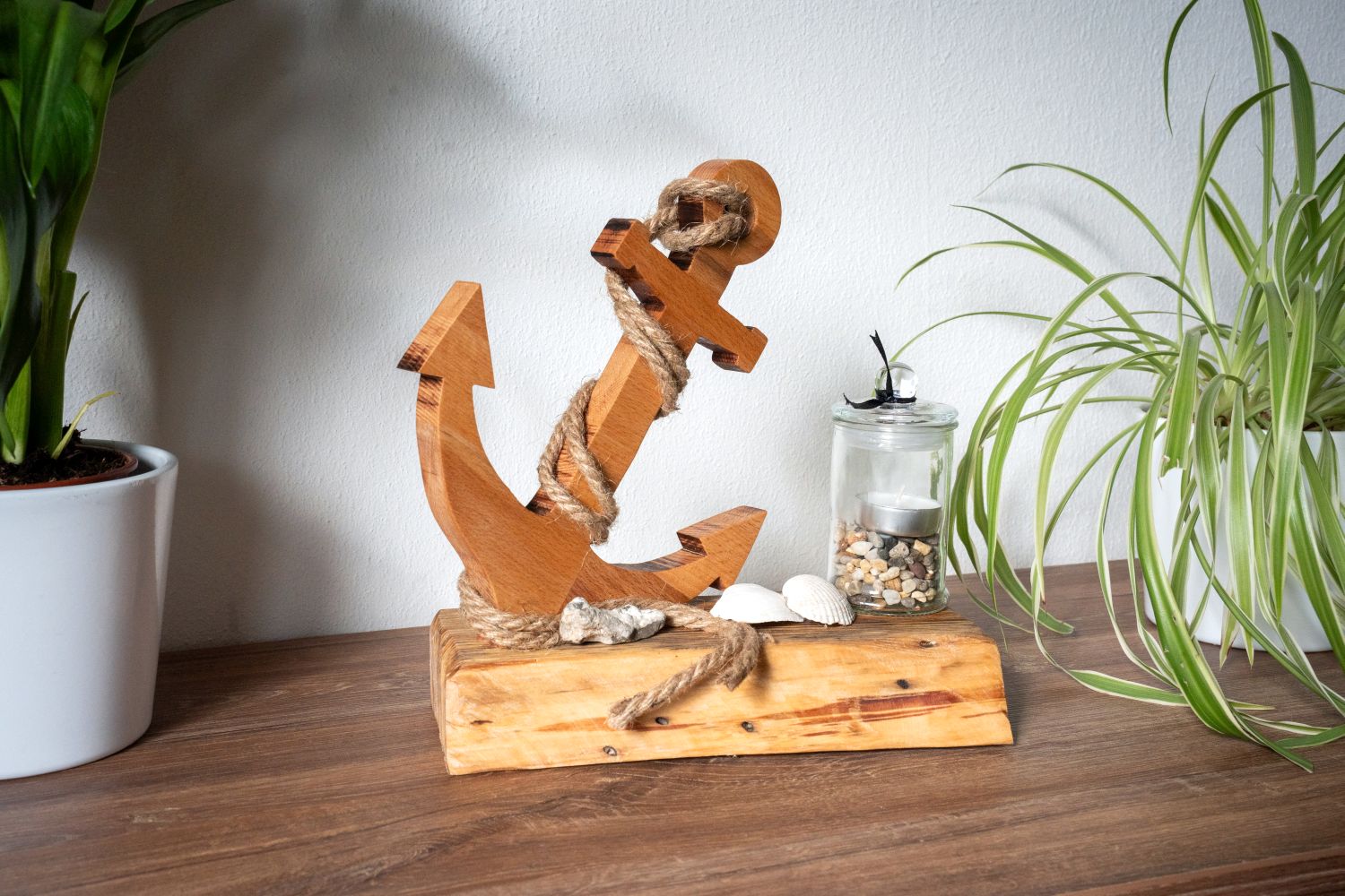 „Kleiner Holzanker mit Muscheln und Glas – Maritime Deko Unikat | Seemannswerk"